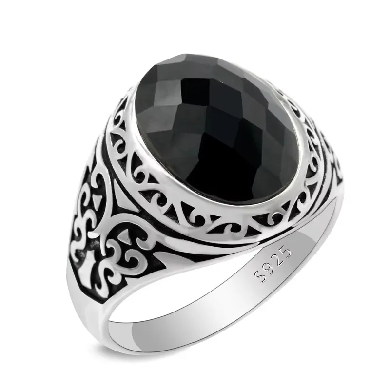 خاتم S925 مصنوع يدويًا من الفضة على شكل حرف a من الزركون الأسود للرجال Tö rkiye فاخر على طراز الشرير النقي هدية حفلات المهرجانات للرجال