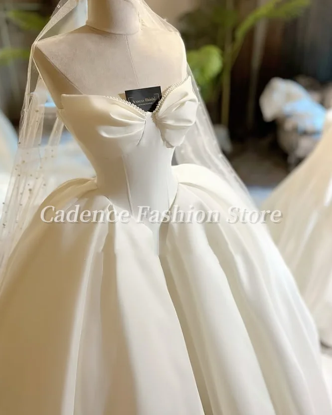 Personalizado lindo sem alças pérola vestidos de casamento espartilho elegante até o chão vestidos de cetim a linha vestidos de noiva