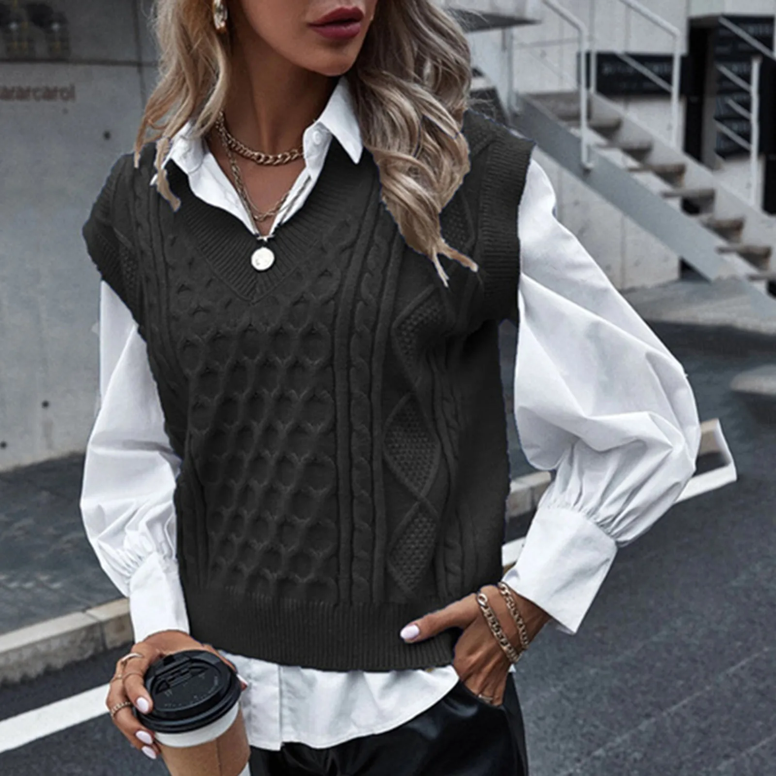 2024 New Women'S Knit Sleeveless Waistcoat Solid Color Simple V-Neck Fashion Sweater Trend Lightweight Warm Temperament Sweater