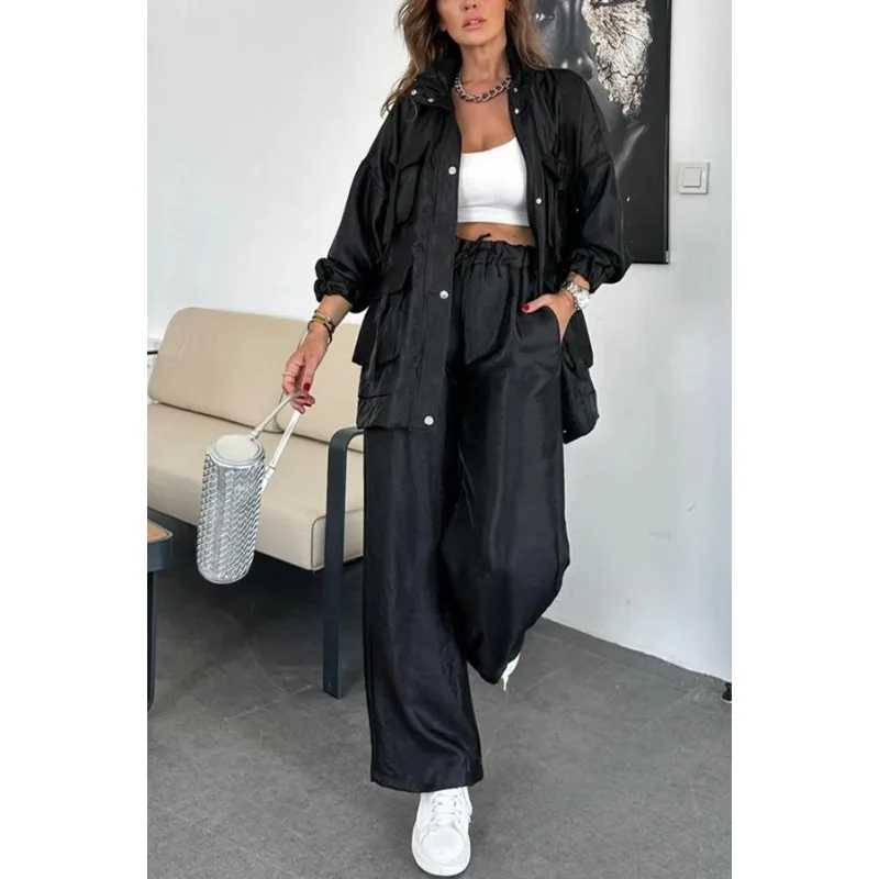 Spring Autumn Women's Two-piece Long-sleeved Jacket Straight-leg Trousers Solid Colour Fashionable Pockets Casual Zip Button