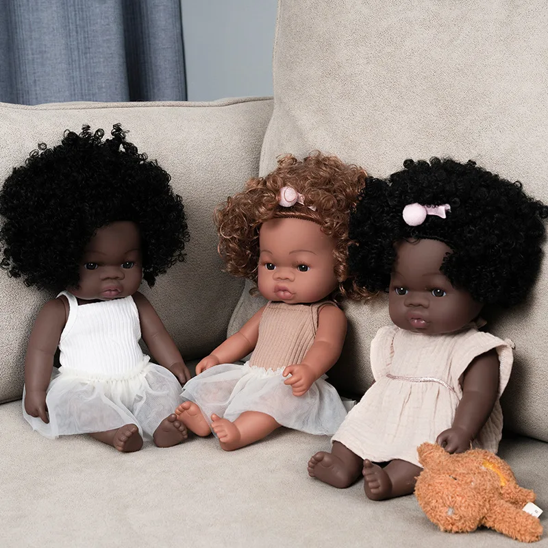 African Black Baby Doll Full Vinyl Black Skin Doll Joints Movable Natural Curly Hair Cute Reborn Doll Baby Interactive Toy Gifts