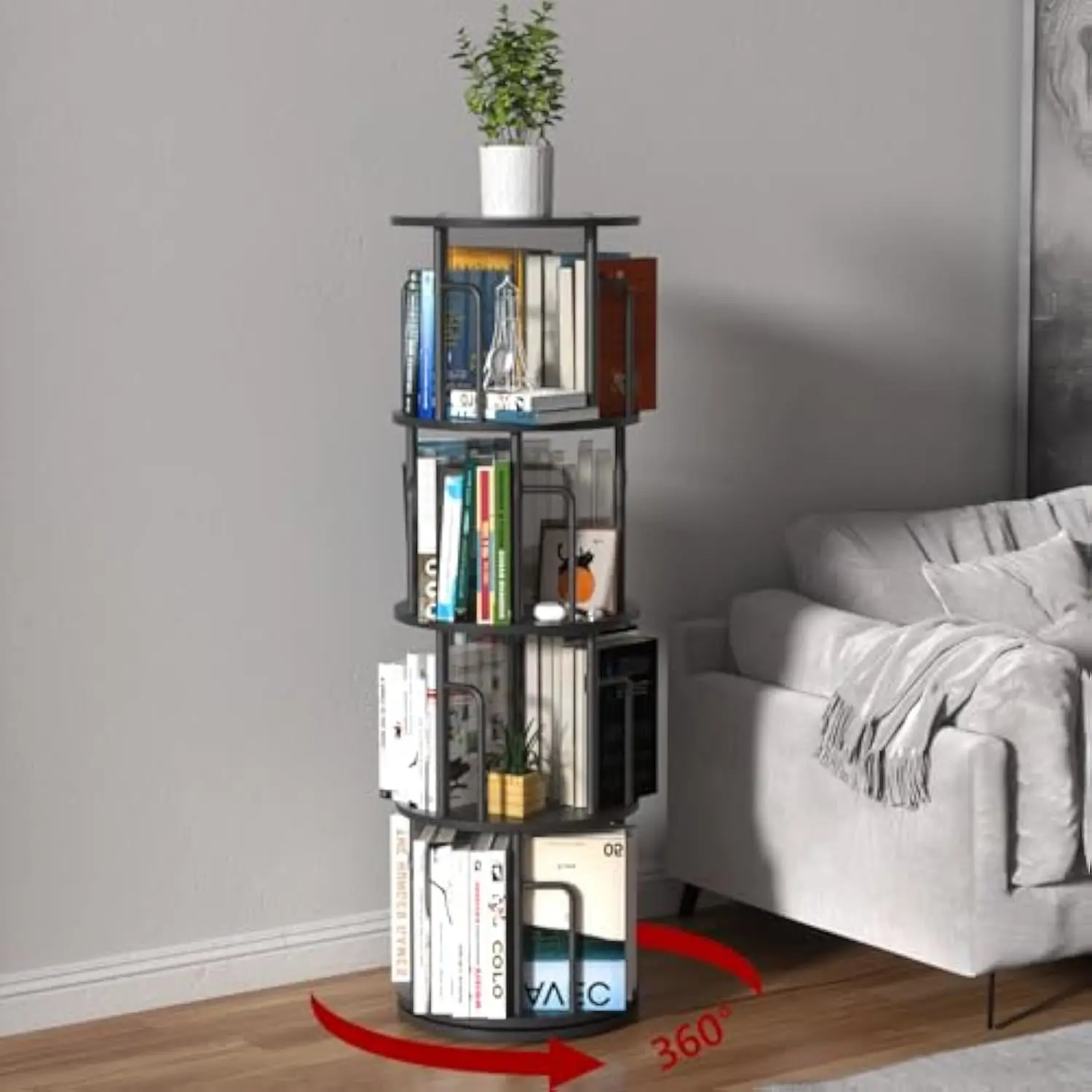 

4Tier Rotating Bookshelf, Corner Bookshelf, 360 ° Rotatable Large Capacity Space-Saving Suitable for Bedroom, Living Room, Study, and