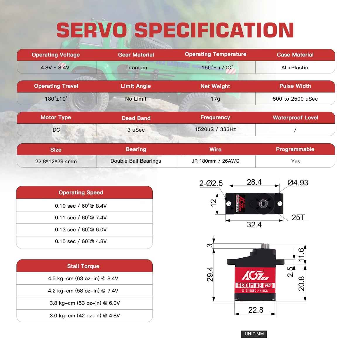 AGFRC-Micro Servo Digital B13DLM V2, 4,5 KG, engranaje de Metal de titanio de 13g, 6,0 V, para coches teledirigidos de 1/14, 1/24, 1/28
