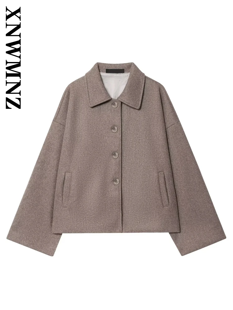 

XNWMNZ 2025 осенняя новая женская шикарная модная твидовая куртка с длинным рукавом и отложным воротником, повседневное женское простое пальто цвета хаки