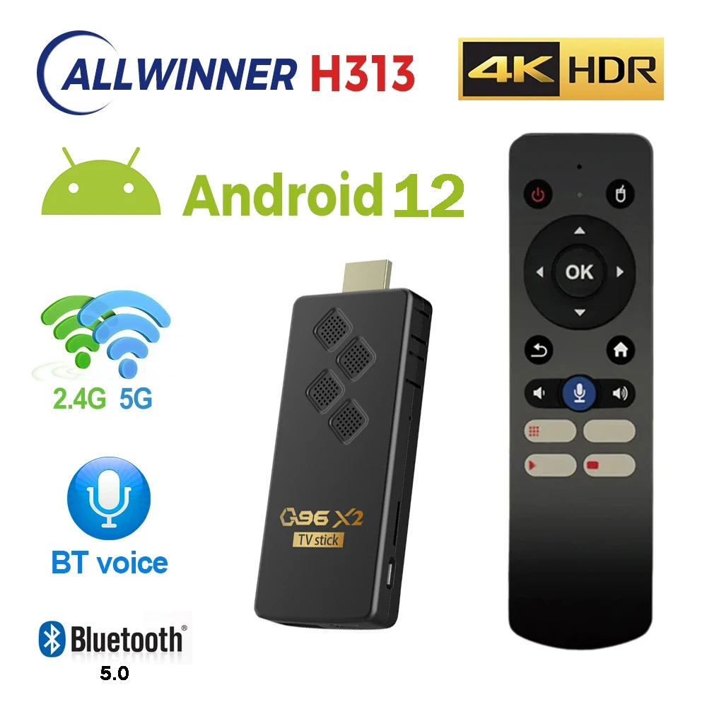 

Q96 X2 ATV Android 12 TV Stick H313 Quad Core 2GB 16GB HDMI 2.0 4K HDR WiFi 4G 5G BT 5.0 H.265 voice Remote Smart TV Box PK Z1