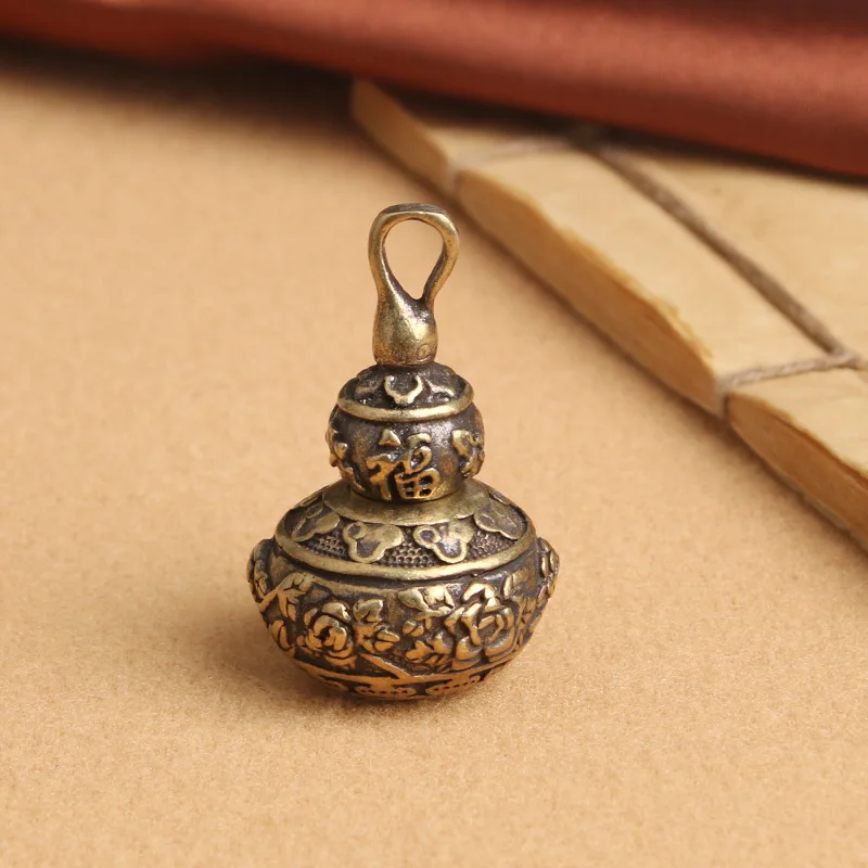 Feng Shui Brass Chinese Letters Blessing Lotus Gourd Charms Key Chain Pendants Pill Box Home Storage Box Lucky Wealth Gift