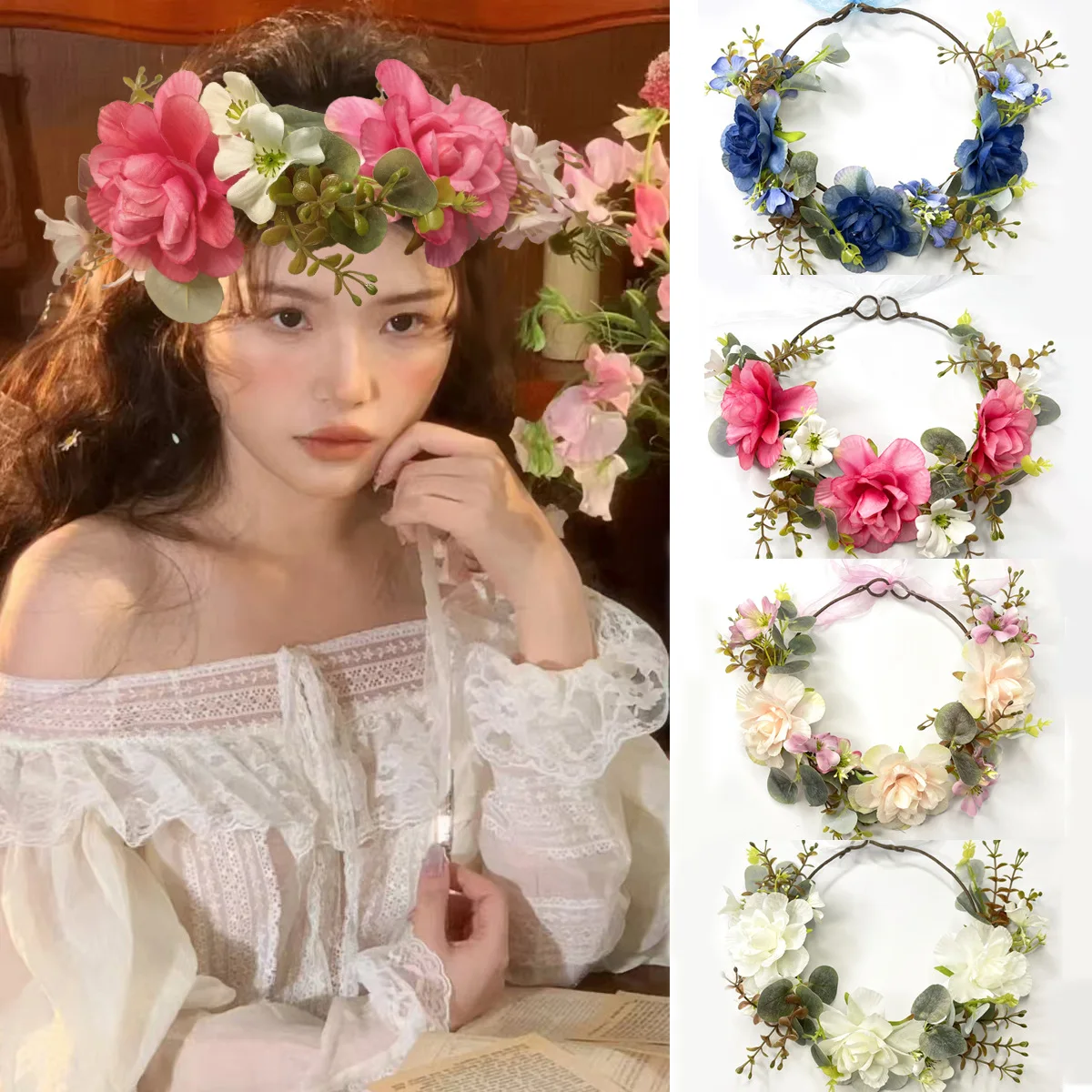 

Bridal Flower Crown Polyester Wedding Hair Band Flower Crown Whimsical Artificial Flower Headband For Photo Shoots Festivals