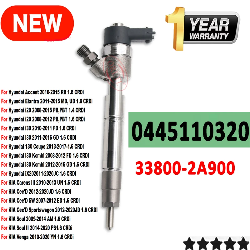 

338002A900 0445110320 New Diesel Fuel Injector 0 445 110 320 33800-2A900 For Hyundai Accent i20 i30 KIA Soul Cee'D 1.6 CRDi