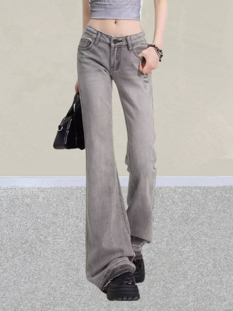 2025 Ropa Y2K ファッションレター刺繍スリムフレアジーンズパンツ女性服ヴィンテージグレーカジュアル女性のズボンパンタロンファム