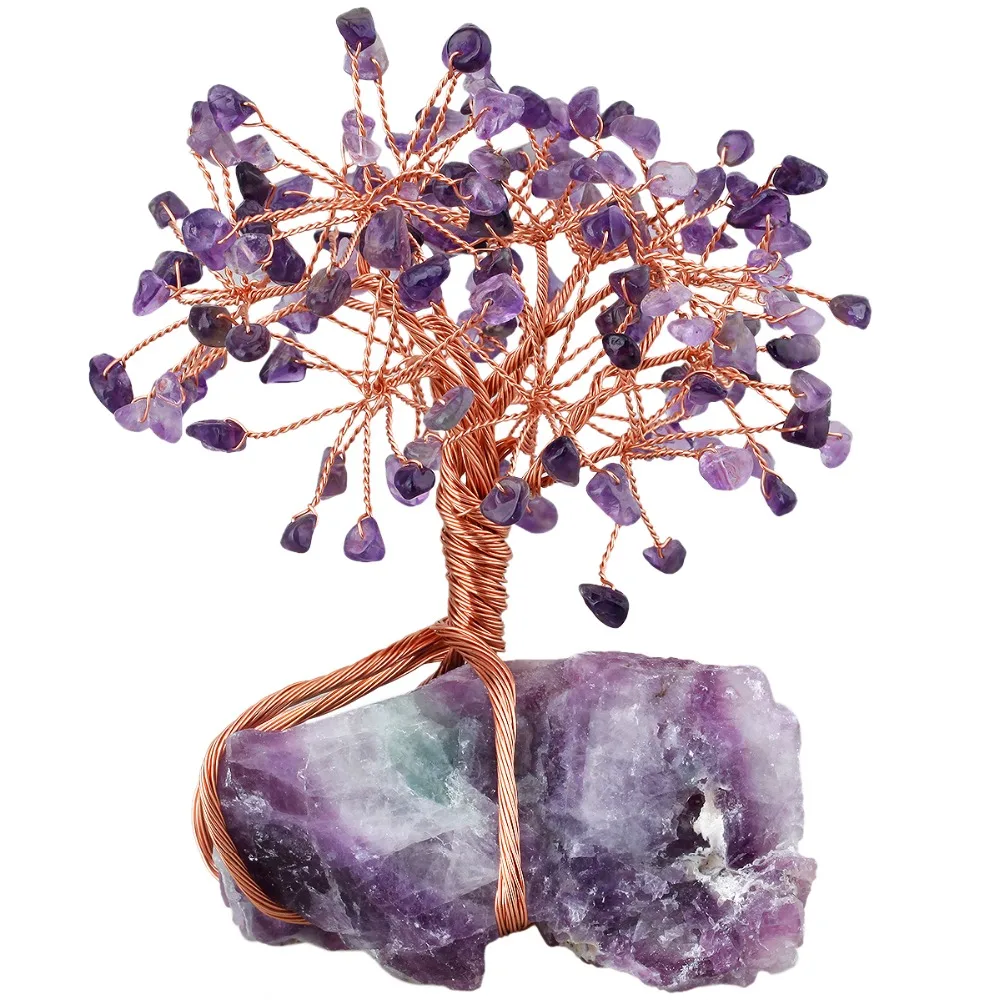 TUMBEELLUWA Healing Crystal Money Tree Natural Raw Fluorite Base Bonsai Feng Shui Lucky Wealth Figurine Home Decor