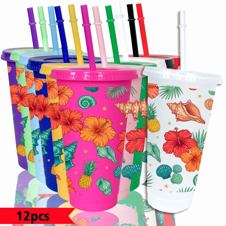 12pcs/pack Flower Shell Pineapple Pattern 26oz Colored Plastic Party Cold Drink Cup for Back-to-school Birthday Gift