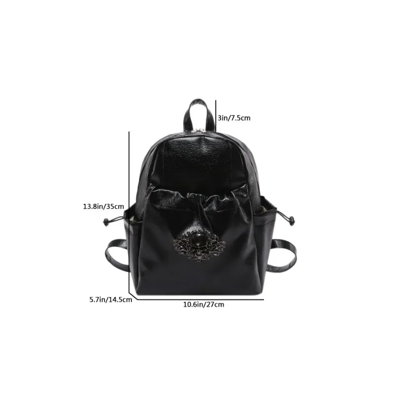 Women\'s Trendy Personality Punk Style Soft PU Leather Backpack with Metal Skull Decoration Daily Use Small Backpacks for Women
