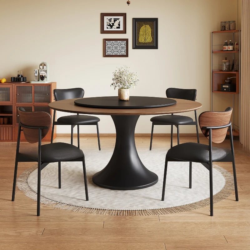 

Medieval solid wood round table, household small apartment round table table and chair combination