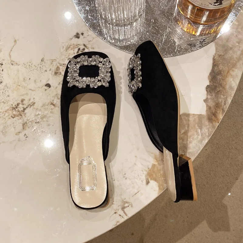 

Square heel Flock Shoes Woman Low Female Slippers Luxury Slides Mules Sexy Cover Toe Block New Designer Rome Rubber Fashion