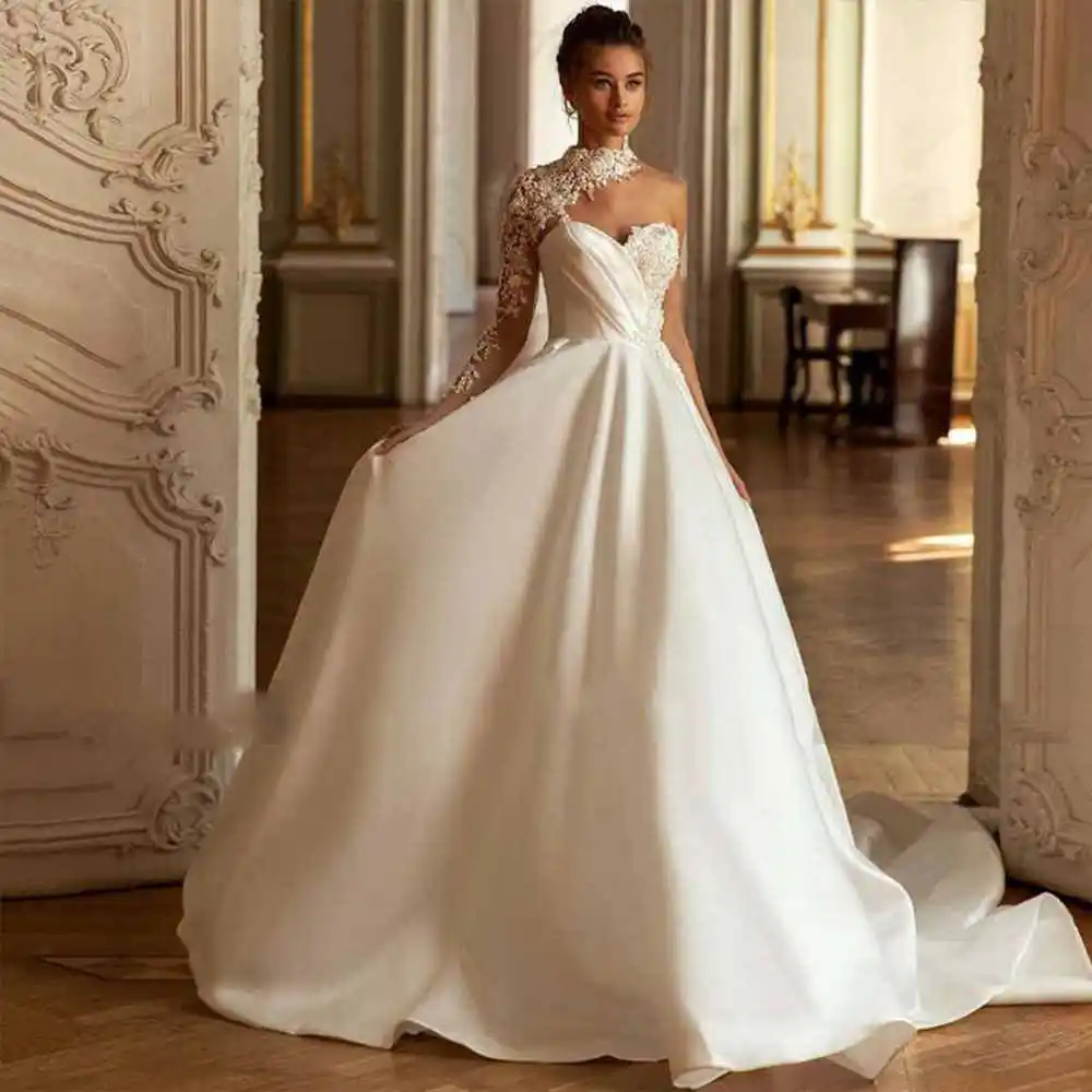 

Sexy A-Line Gown Wedding Dresses One-Shoulder Appliques Flowers Lace Bridal Gowns Sweep Train Big Size Custom Size Colour