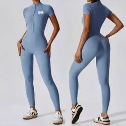 Customized LOGO women's European and American zipper short-sleeved nude yoga onesie fitness sports onesie tights
