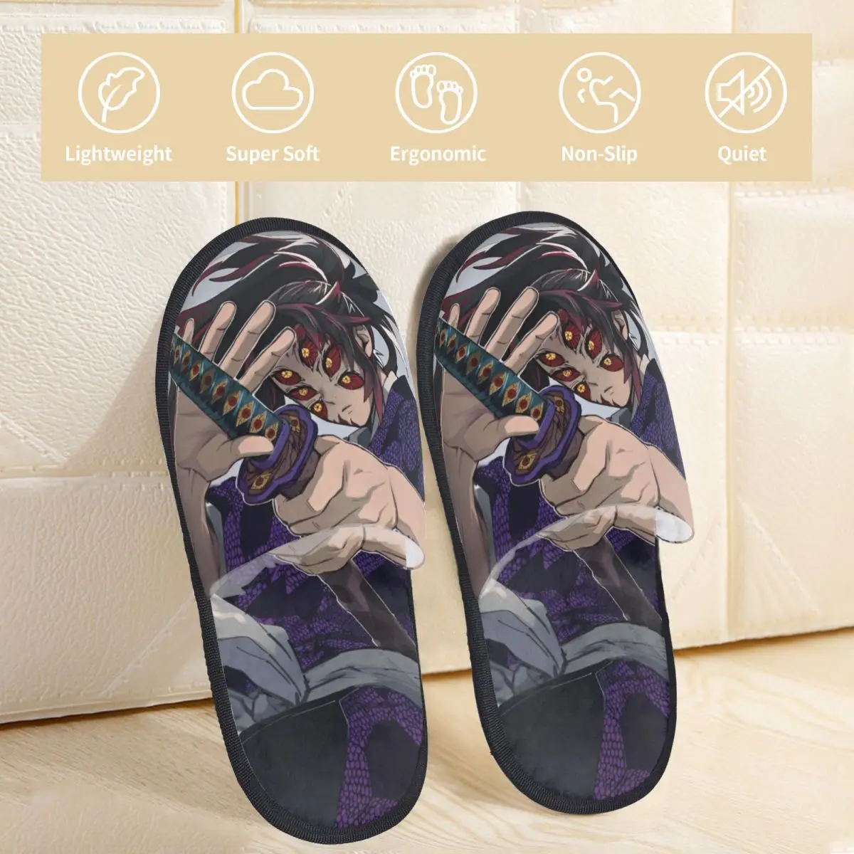 Upper Rank One Kokushibo Slippers Non Slip Anime Demon Slayer Soft Household Fur Slides Slippers Living Room