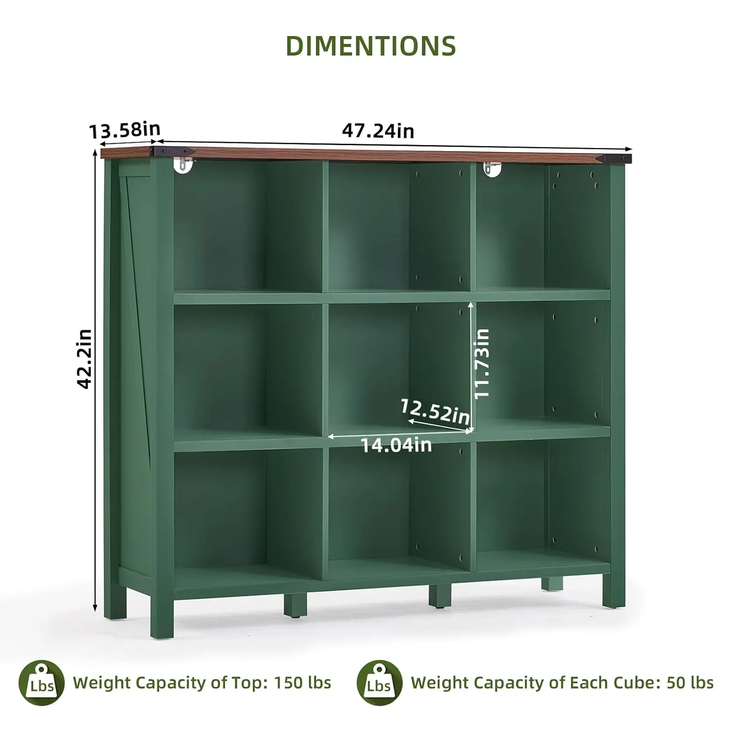Farmhouse 9 Cube Storage Organizer, 47 Inch Vintage Green Wooden 3 Tier Open Shelf, Rustic Cubby Cabinet for Home Office & Livin