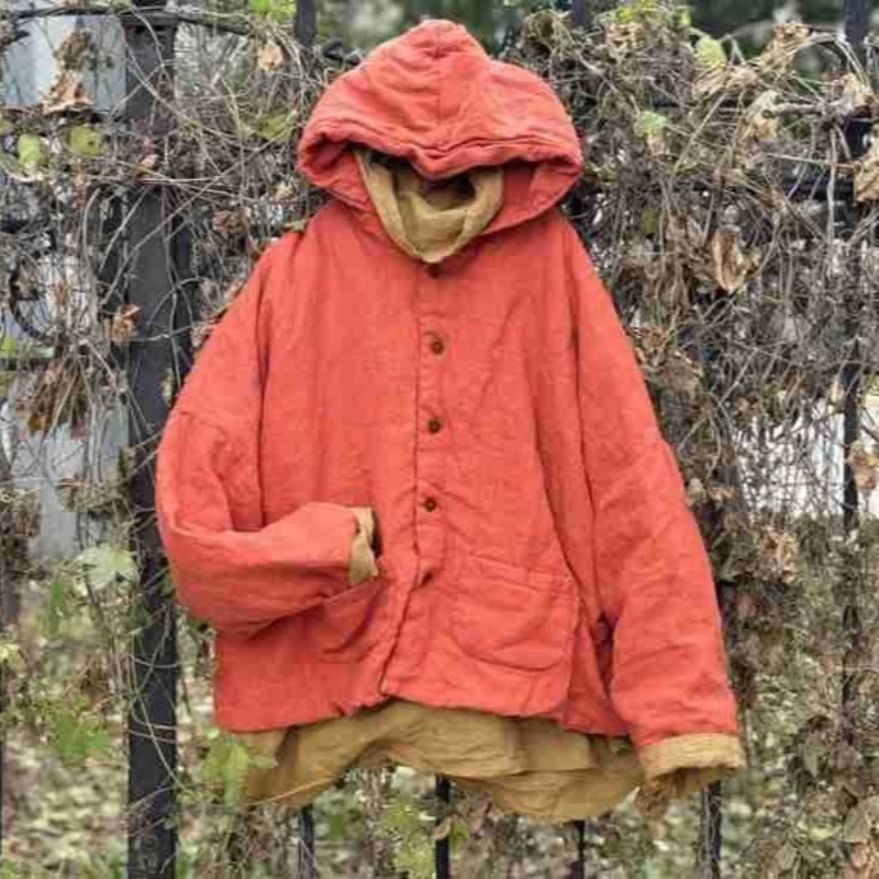 

Vintage Double Layer Hoodies Cotton Padded Coat Causal Women's Parka Winter Single Button Zen Clothing New Loose Overcoat Mujer