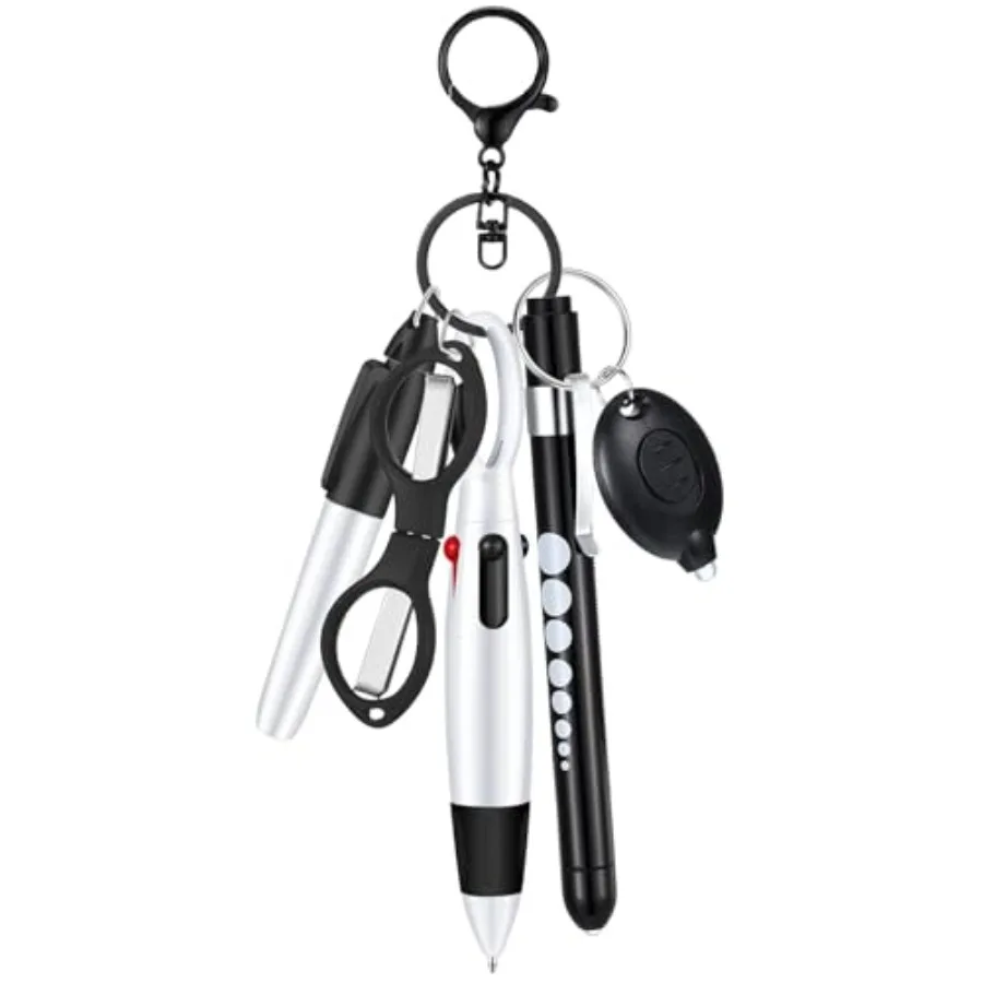 

6 Pcs Nurse Pen Set Include Permanent Marker Pen Retractable Ballpoint Pen Keychain Clip Foldable Scissors Lights LED Flashligh