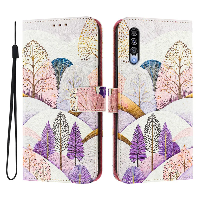 A50 Leather Phone Case For Samsung Galaxy A50 A20E A10E A20S A30 A40 A70 A10 Flip Cover Wallet Magnetic Painted Cases Cat Flower