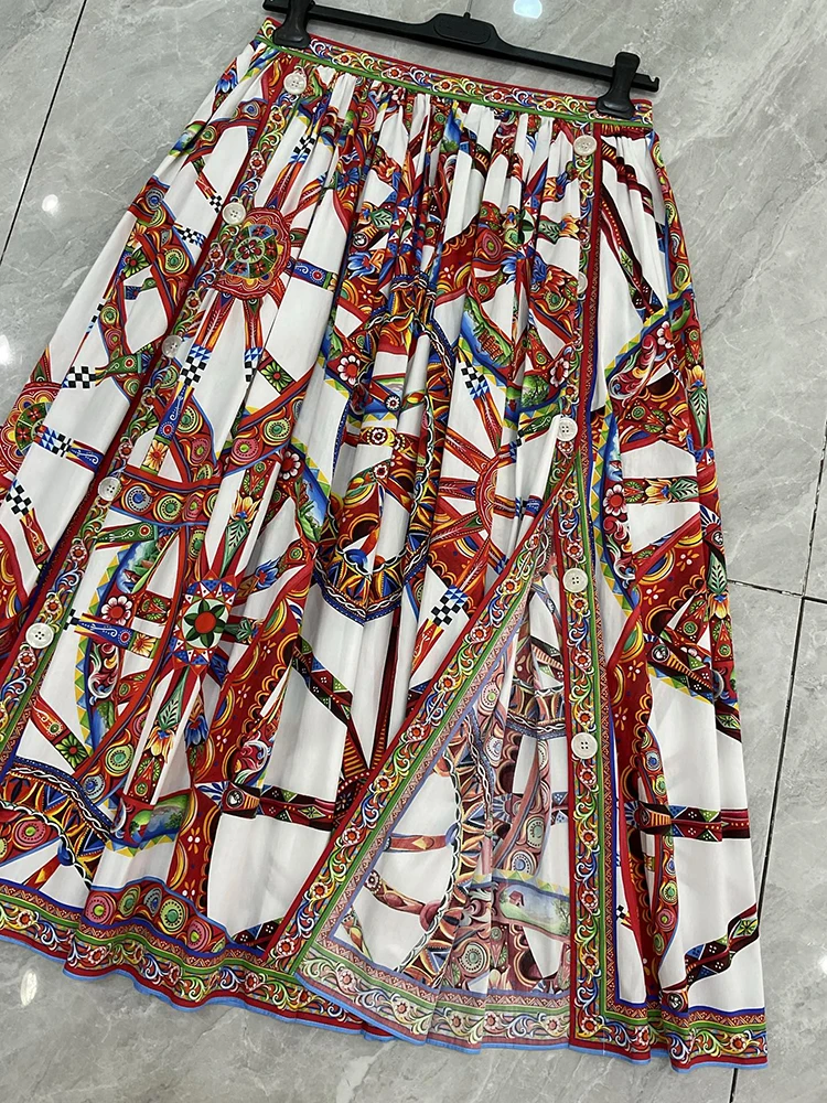 Seifrmann Casual printed cotton skirt slit on both sides button long skirt 2026 autumn fashion women's new style