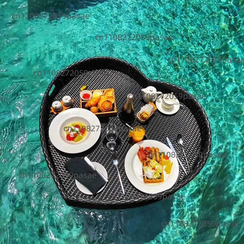 Floating Breakfast Tray, Woven Rattan Basket, Floating Pool Tray for Guesthouses, Hotels, and Villas