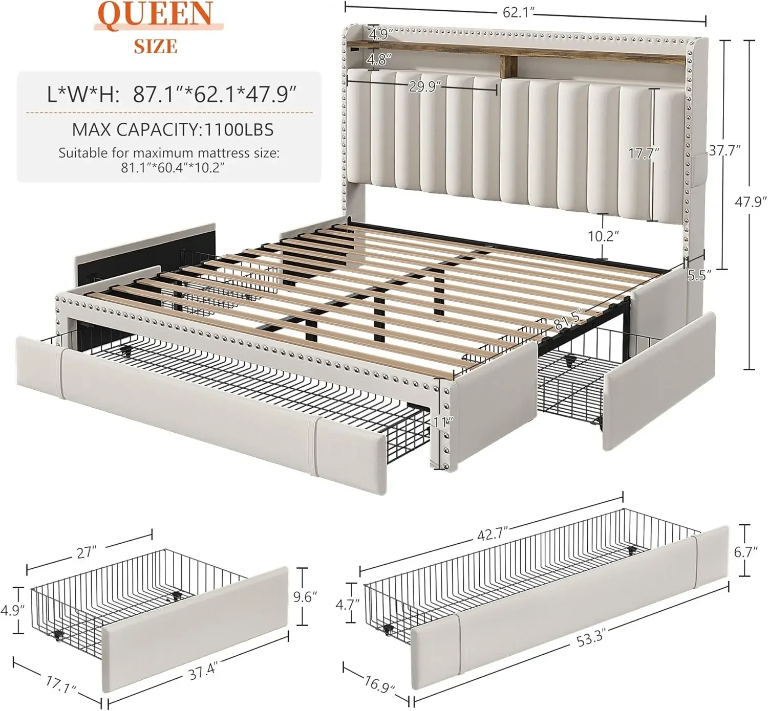 Queen Bed Frame with 3 Drawers,Bed Frame Queen Size with Upholstered Headboard and Storage,2-Tier Shelves,1100LBS