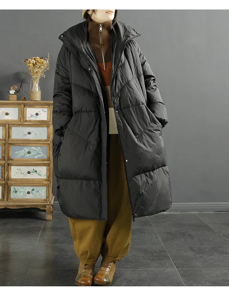 New Women Down Jacket Casual Loose Over Size Autumn Winter Long Outwear with Hood Warm White Duck Down Thick Coat 2024 New