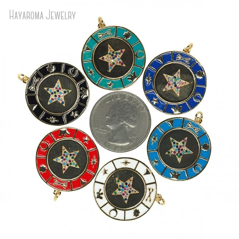 10Pcs Gold Color Jewelry Star Stars Pentagram Round Coin Shape Circle Metal Copper Wholesale Enamel Pendant