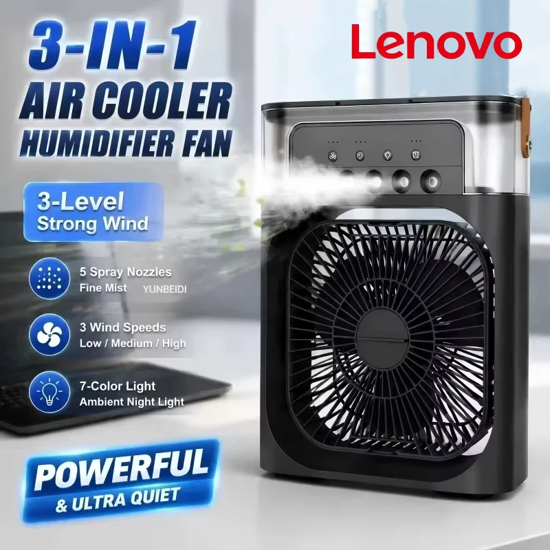 Lenovo 3-in-1 tragbarer Luftbefeuchter, Ventilator, Klimaanlage mit LED-Nachtlicht, kleiner Luftkühler für den Haushalt, Büro, verstellbar