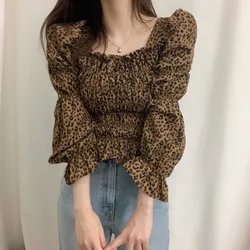 Vintage Puff Long Sleeve Women Blouse Leopard Print Shirt Fashion Spring Elegant Square Neck Chic Short Tops