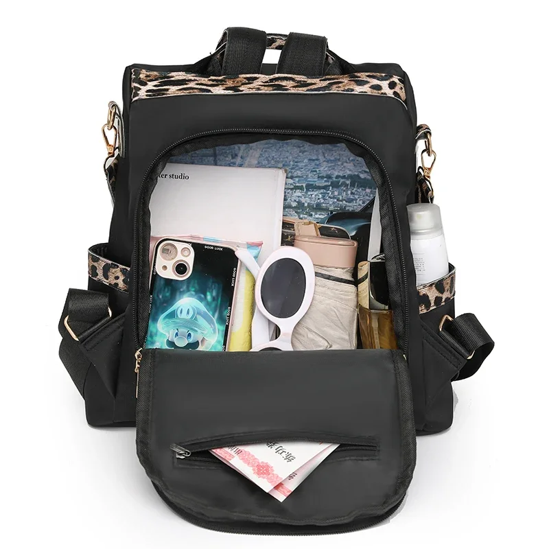 Leopard Print Stylish Multi-function Luxury Backpack Women Casual Tassels Large Capacity Backpack Anti theft Designer Nylon Bag