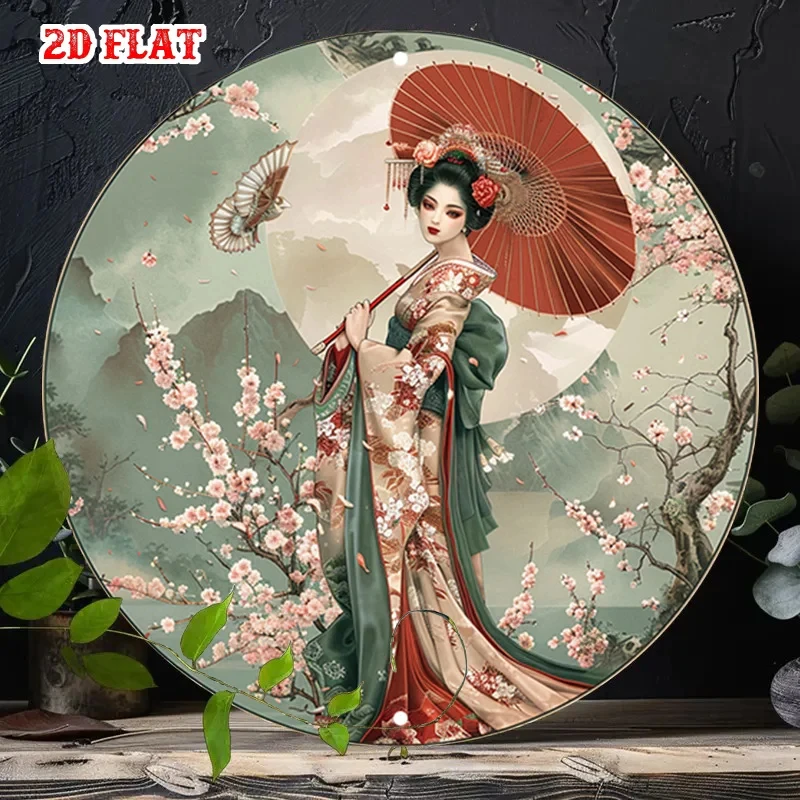 Vintage Japanese Geisha Red Umbrella Cherry Blossom Round Wall Decoration, 2D Flat Oriental Art Round Metal Signboard