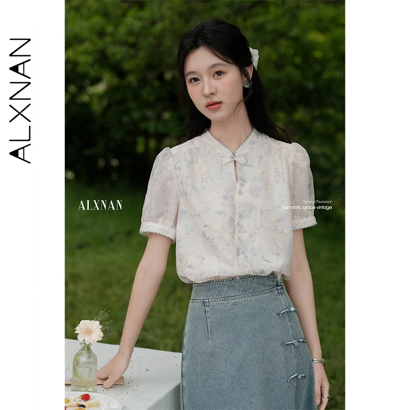 

ALXNAN рубашка для женщин с вышитыми пуговицами, элегантные блузки с пышными рукавами, летние свободные топы с короткими рукавами, женские L55655