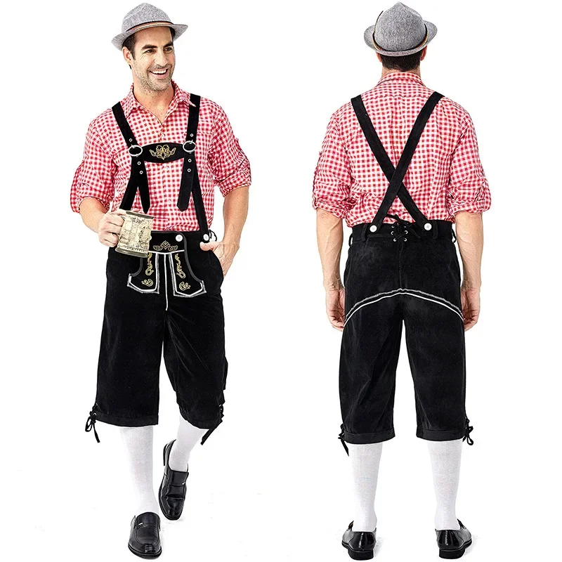 Mens Oktoberfest Bavarian Beer Costume German Bavarian Shorts Outfit Overalls Shirt Hat Suspenders Short Set Halloween Costume