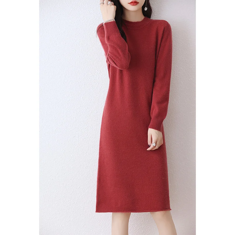 Hot Sale 100% Pure Wool Longer Dresses For Women 2023 Fashion Cashmere Sweaters Hot Sale Long Style Pullovers 6Colors Jumpers DR