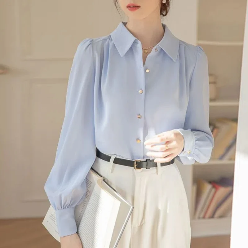 Autumn New Korean Loose White Shirt Tops Long Sleeve Polo Neck Solid Simplicity Office Blouse Temperament Elegant Women Clothing