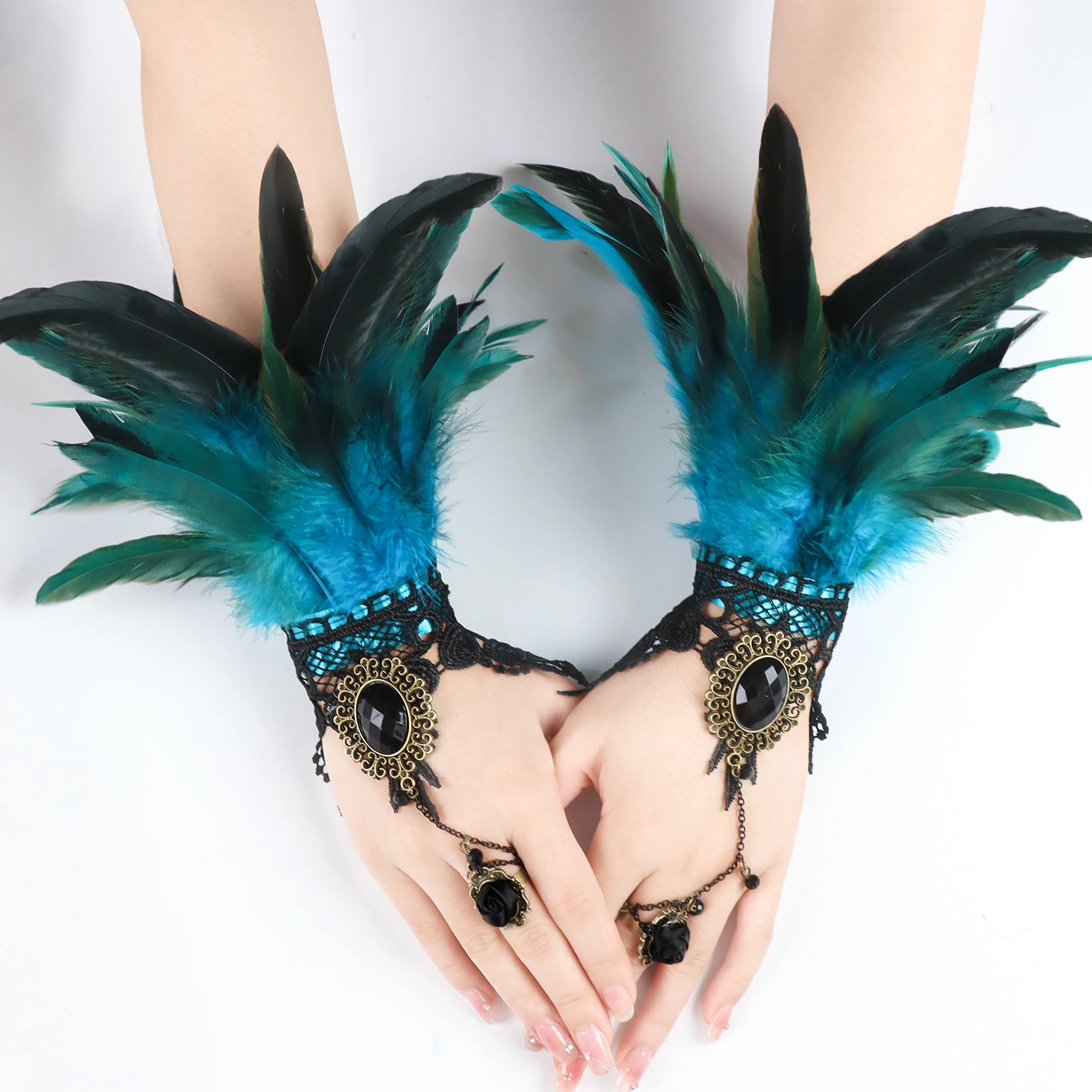 2pcs Lace Feather Wrist Cuffs Rave Gloves Steampunk Gothic Glove Sleeve Brazil Carnival Party Cosplay Showgirl Stage Accessories