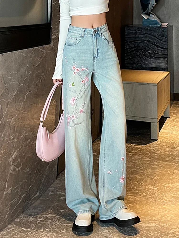 Summer New Elegant Embroidery Fashion Casual Female Jeans Chic Washed Vintage High Waist Loose Simple Basic Straight Women Jeans