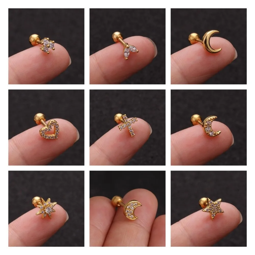 1PC INS Small Helix Piercing Earring For Women Bijou Elagent Cute Heart Cross Crown Cubic Zircon Ear Stud Jewelry Gift KAE348-M