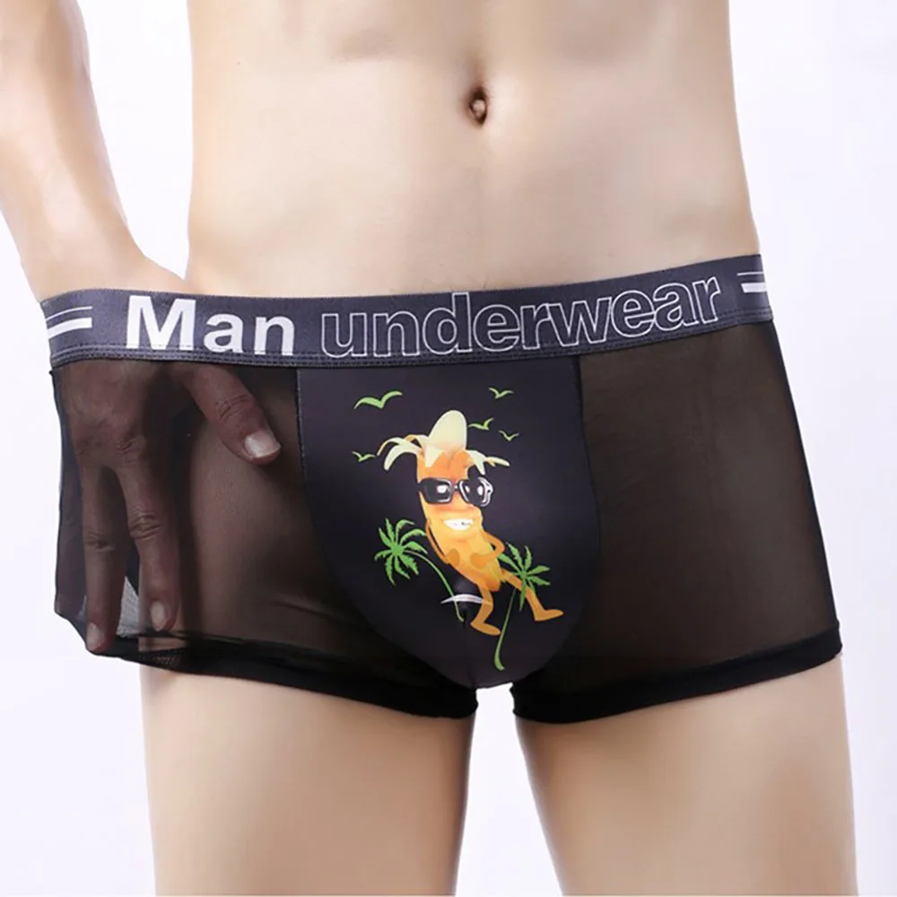 

Funny Cartoon Men Ice Silk Mesh Boxer Shorts Underwear Trunk Male Panties Intimates Breathable See Through