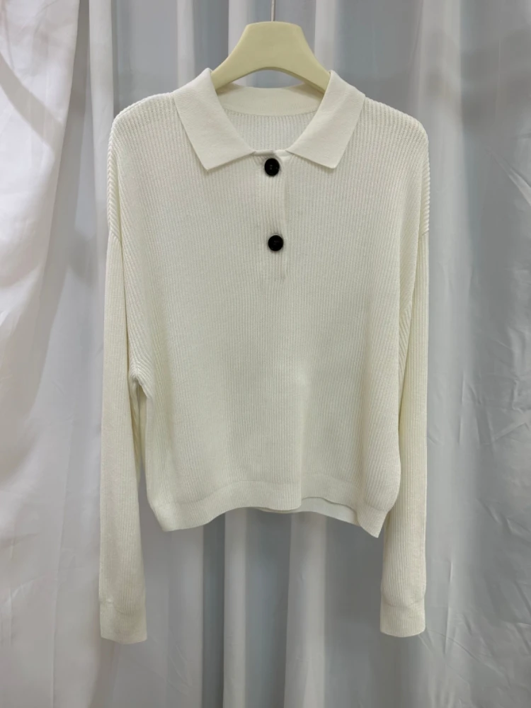 24 B//C New British Style Solid Color Linen Silk Polo Lapel Button Thread Top Pullover Sweater