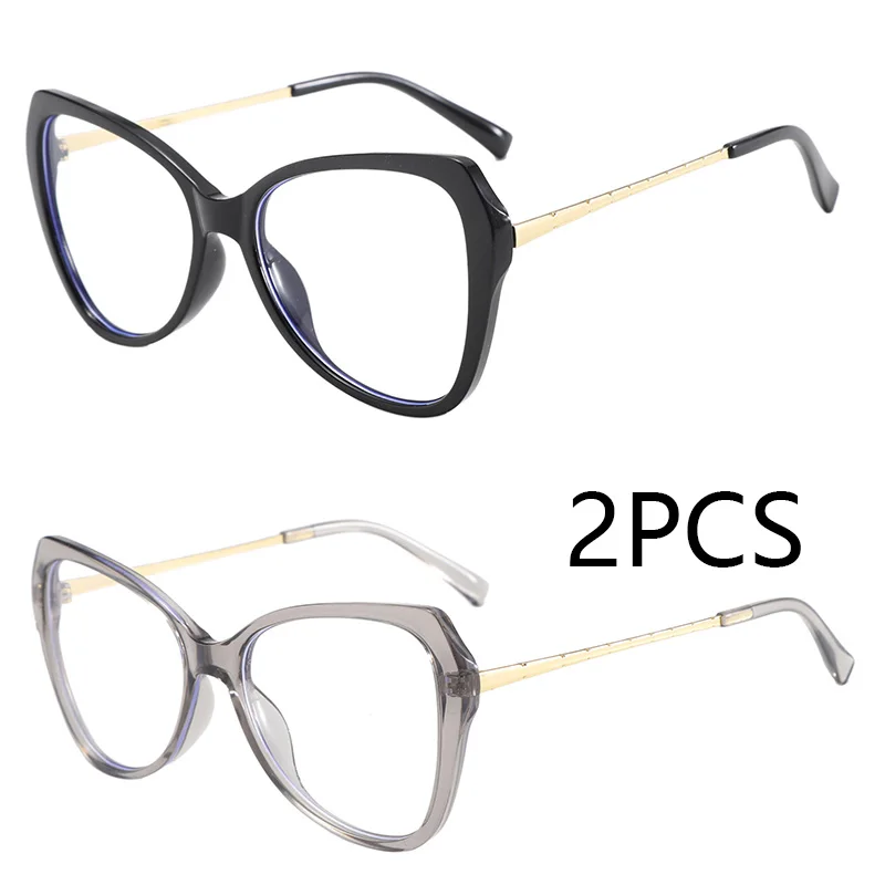 2PCS New Cat Eye Myopia Glasses Women Transparent Eyewear Brand Designer Vintage Clear Eyeglass Optical Frame Graduation Glasses