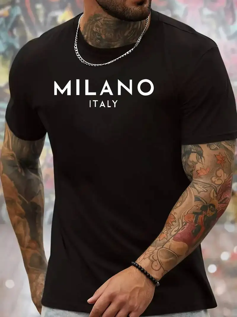 Milano Italy Pattern Men\'s Street Fashion Crew Neck T-Shirt Summer Casual Comfort Cotton T-Shirt Men\'s Top