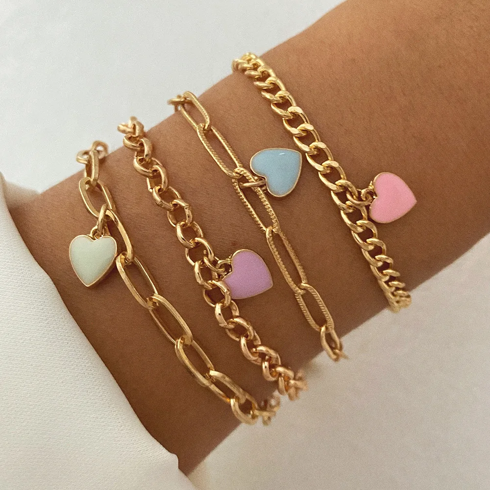 Women‘s Bracelets Set 4 Pieces Set Of Figaro Chains Cute Jewelry Woman Heart Multilayer Bangle Accessories For Gifts