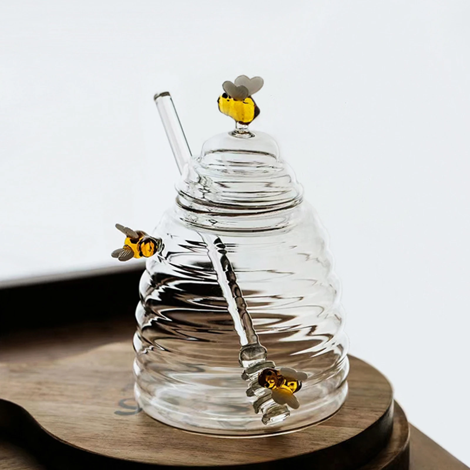 Honey Jar Honey Dispenser with Stirring Rod and Lid Clear Honey Jar Glass Honey Storage Container Kitchen Cooking Accessories