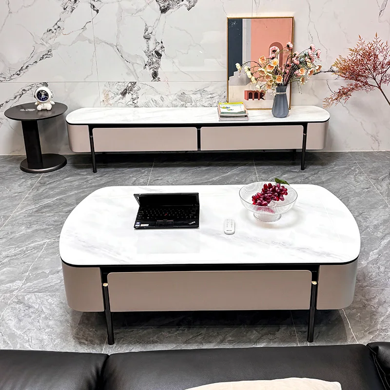 

Modern Home Center Tables with Storage Drawer High-End Oval Rock Slab TV Cabinet Coffee Table Set Luxury Living Room Tea Table