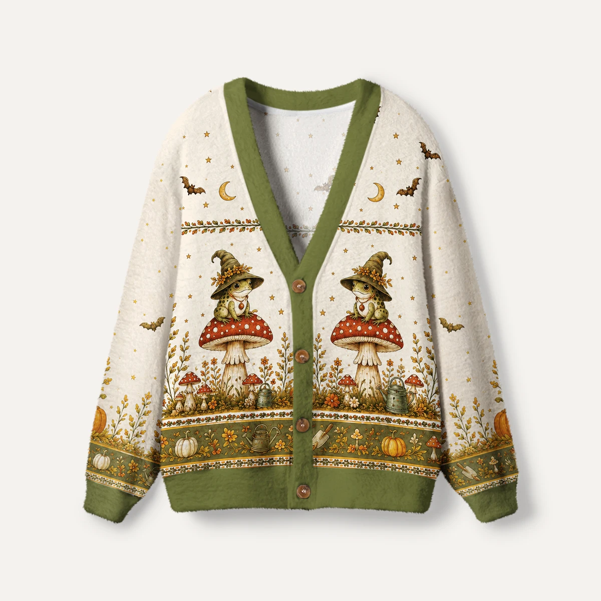 3D-printed Fairy Tale Mushroom Frog Witch Garden Print Ugly Cardigan Sweater -6