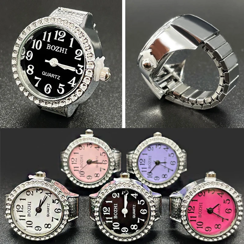 Kiss Jewelry Punk Rhinestone Time Quartz Watch Rings Women Men Elastic Stretchy Adjustable Digital Clock Finger Watch Ring Gift